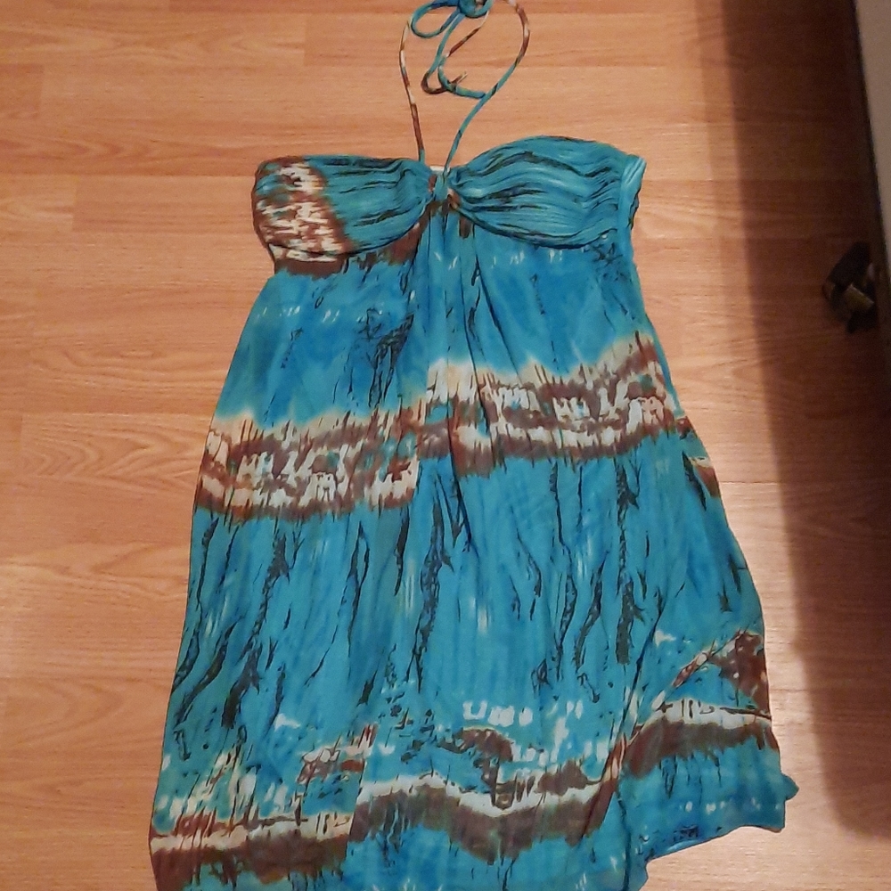 Blue pattern strapless halter dress